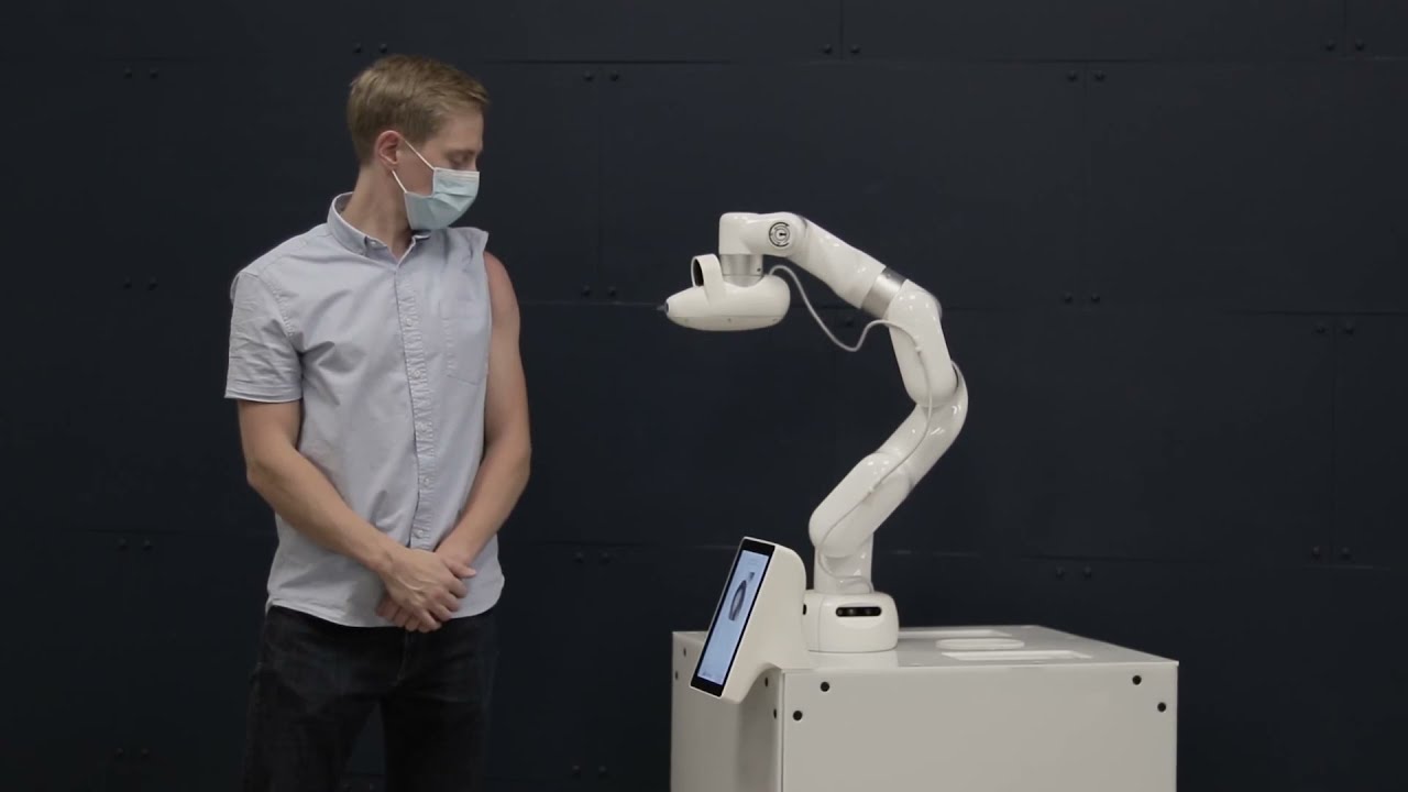 Thay vì dựa vào kim tiêm để cung cấp vắc xin, Cobionix đã ghép nối robot của mình với công nghệ tiêm không cần kim  tiêm mới. Ảnh: @Đại học Waterloo của Canada.