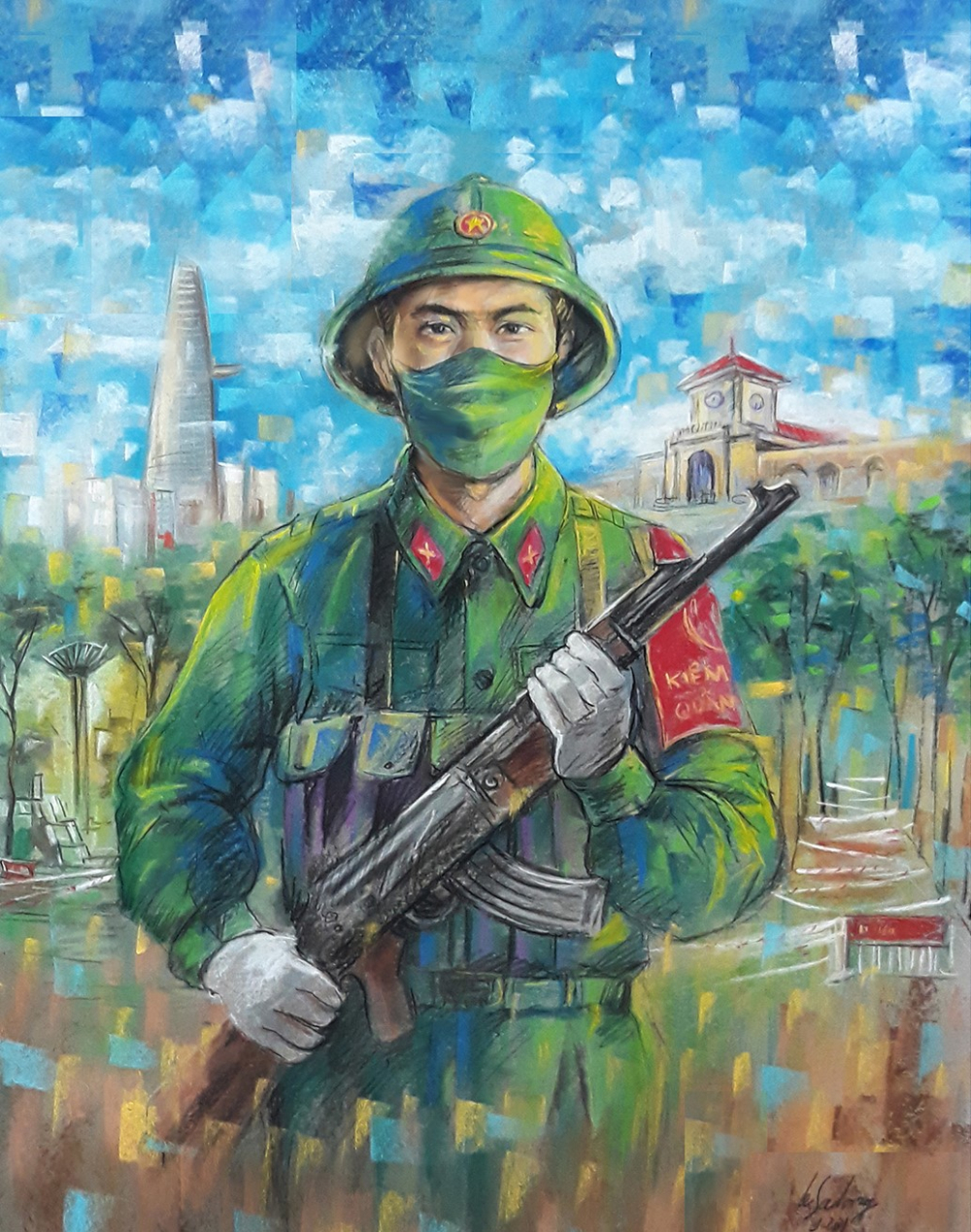 Hình ảnh người lính hỗ trợ chống dịch trong tranh Lê Sa Long - Ảnh 8.