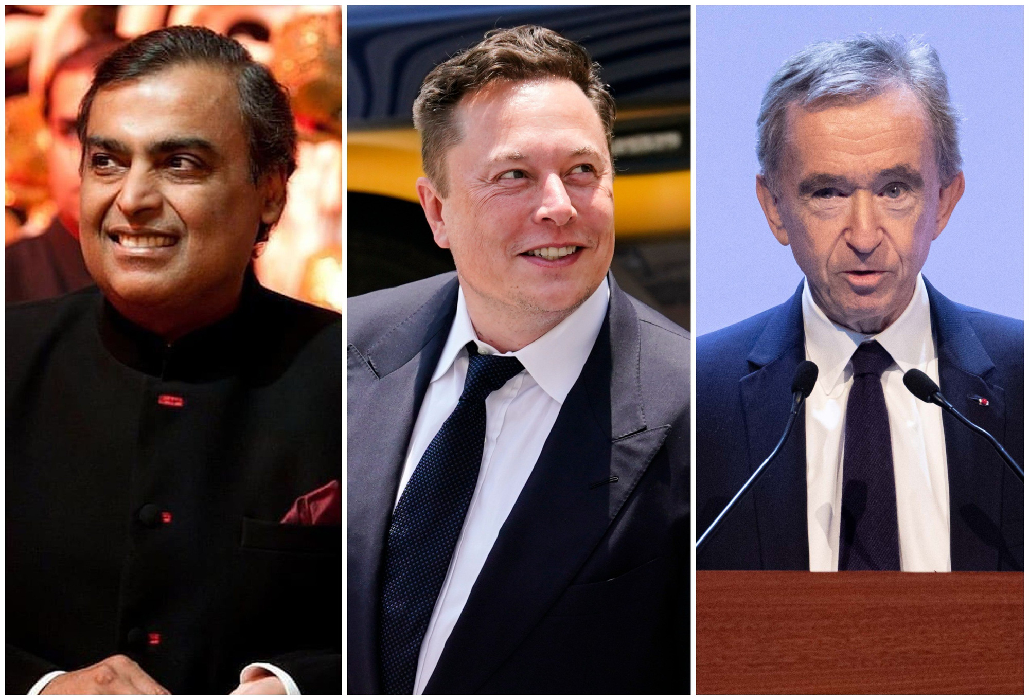 Mukesh Ambani, Elon Musk và Bernard Arnault là những người giàu nhất trên các lục địa tương ứng của họ. Ảnh: @mukesh.ambaniii / Instagram, AP, Bloomberg.