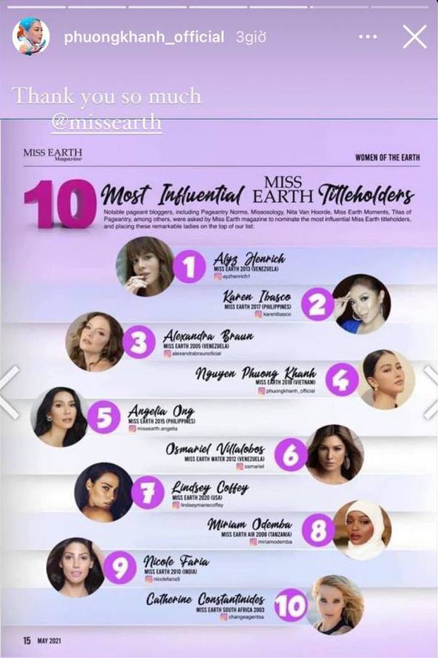 Phương Khánh lọt top 10 Hoa hậu Trái đất có tầm ảnh hưởng nhất