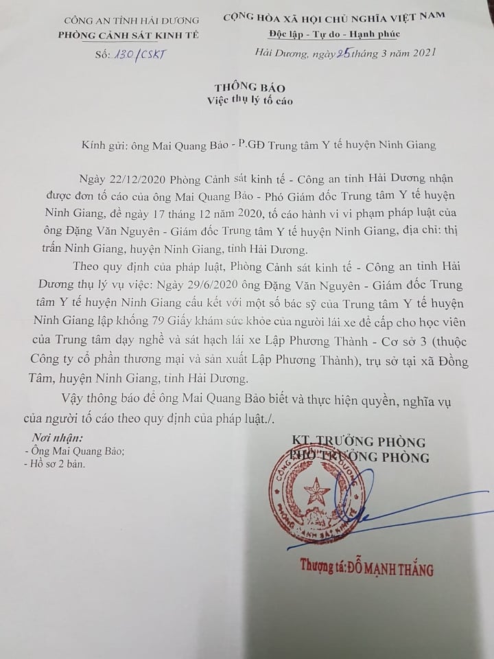 Vụ 79 giấy khám sức khỏe lái xe bất thường tại TT Y tế Ninh Giang: Công an tỉnh vào cuộc điều tra  - Ảnh 1.