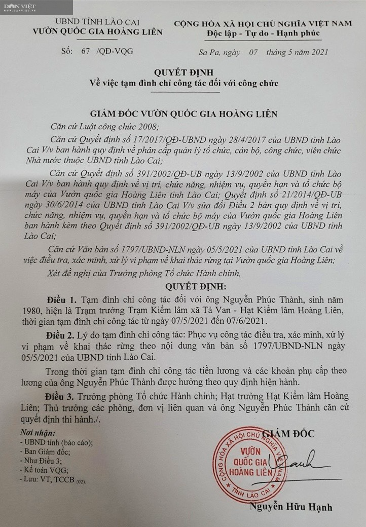 Vụ phá rừng pơ mu VQG Hoàng Liên: Tạm đình chỉ công tác Phó Hạt trưởng Hạt kiểm lâm - Ảnh 2.