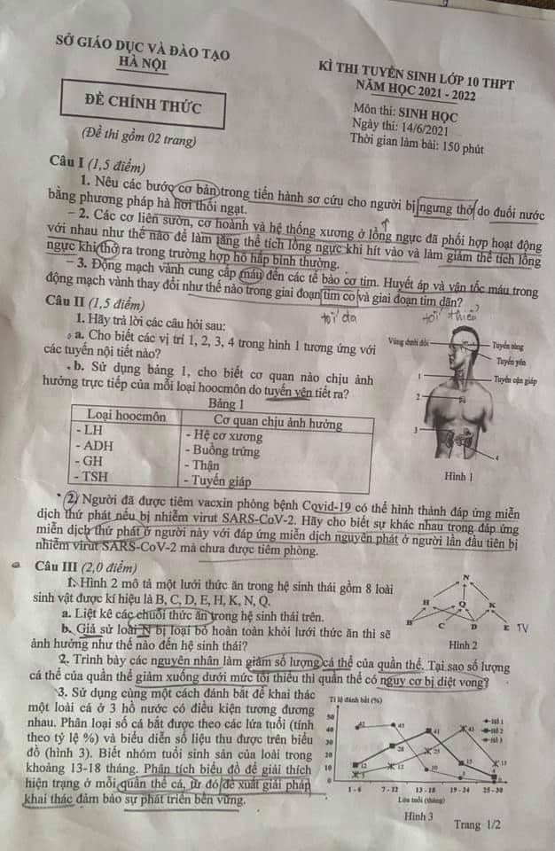 Đề thi Sinh học thi vào lớp 10 Chuyên Hà Nội năm 2021 - Ảnh 1.