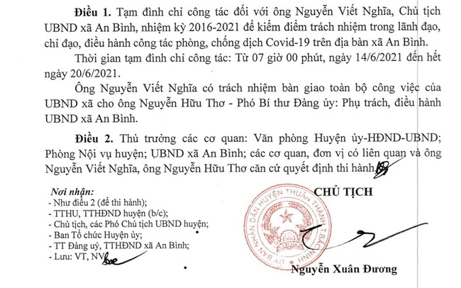 Ký giấy cho dân &quot;đi chợ&quot; trong vùng dịch ở Bắc Ninh: Đình chỉ công tác Chủ tịch UBND xã An Bình (huyện Thuận Thành)