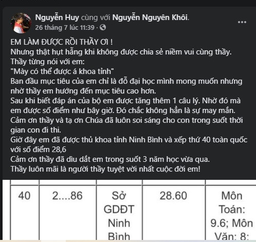 Rưng rưng trước lời tri ân tới người thầy đã mất của thủ khoa tỉnh Ninh Bình  - Ảnh 1.