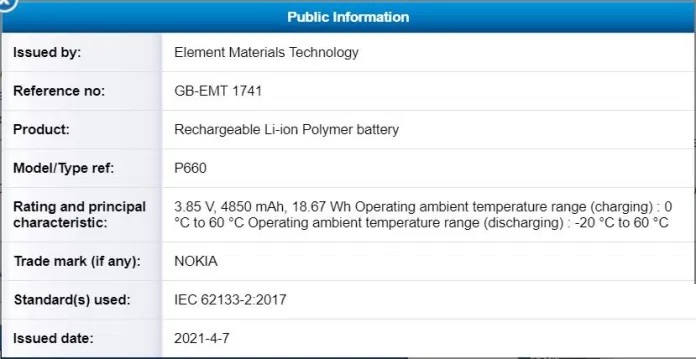 Thông số dung lượng pin 4850 mAh của Nokia G50. Ảnh: @FCC.