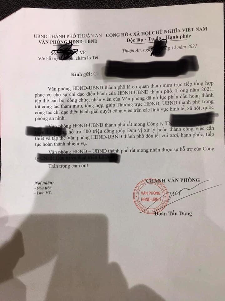 Bình Dương: Chánh Văn phòng UBND TP.Thuận An gửi văn bản xin doanh nghiệp hỗ trợ 500 triệu đồng để chăm lo Tết - Ảnh 1.