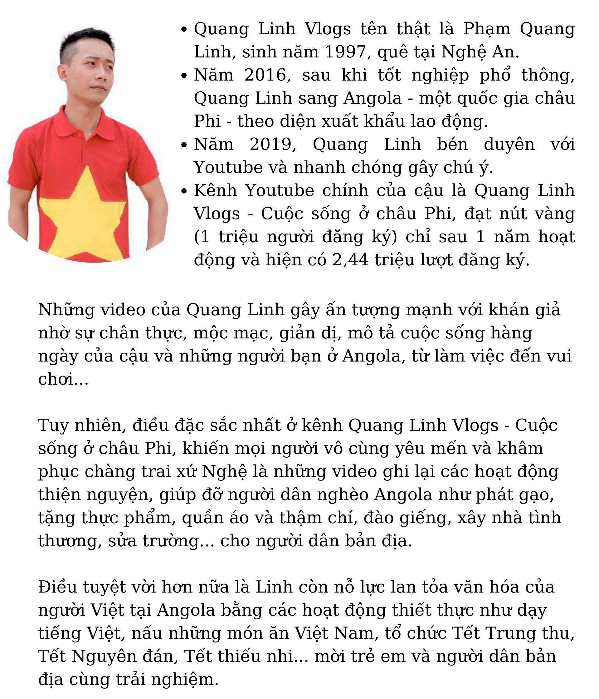 Quang Linh Vlogs: Quang Linh Vlogs là kênh YouTube tuyệt vời dành cho những ai yêu thích du lịch và ẩm thực. Với những video chất lượng và đầy sáng tạo, Quang Linh đã thu hút lượng fan đông đảo. Hãy đón xem để khám phá những điểm đến tuyệt đẹp và món ăn ngon của Việt Nam và thế giới.
