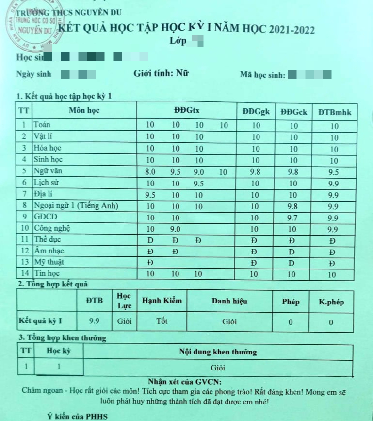 &quot;Choáng&quot; với bảng điểm tổng kết học kỳ đạt 9.9 nhưng nữ sinh vẫn chưa là người đứng đầu lớp - Ảnh 1.