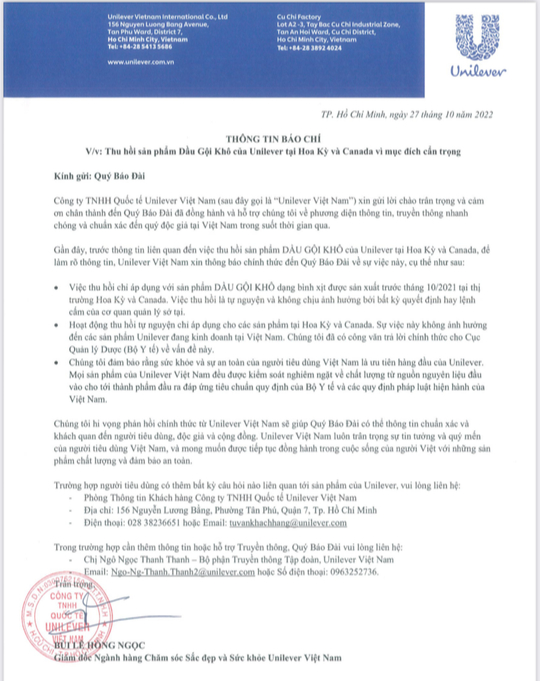 Unilever Việt Nam thông tin việc thu hồi dầu gội khô dạng xịt - Ảnh 1.