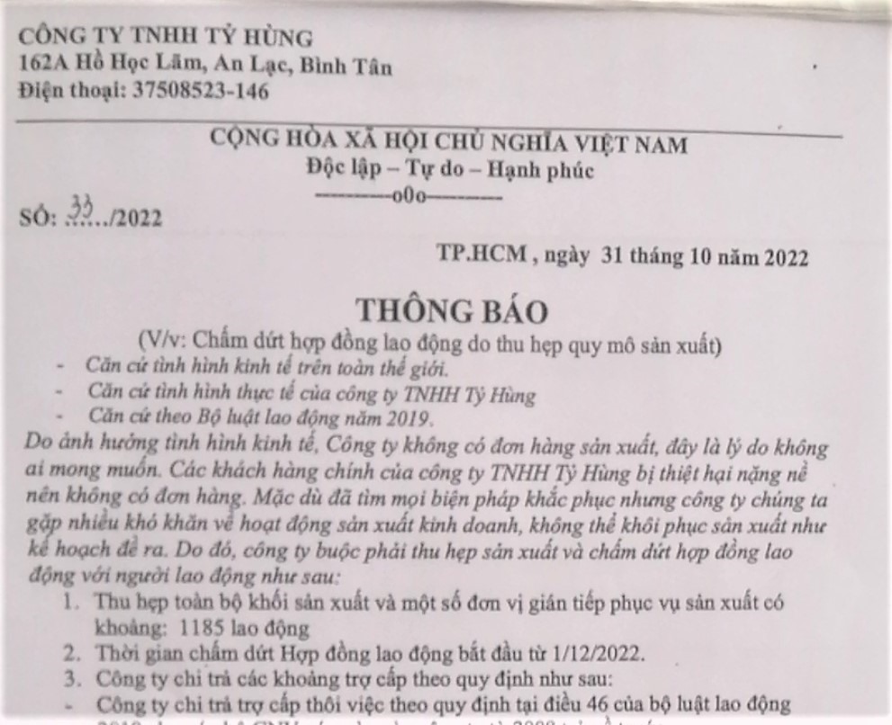 TP.HCM: Gần 1.200 công nhân bị cho thôi việc vì công ty không có đơn hàng - Ảnh 1.