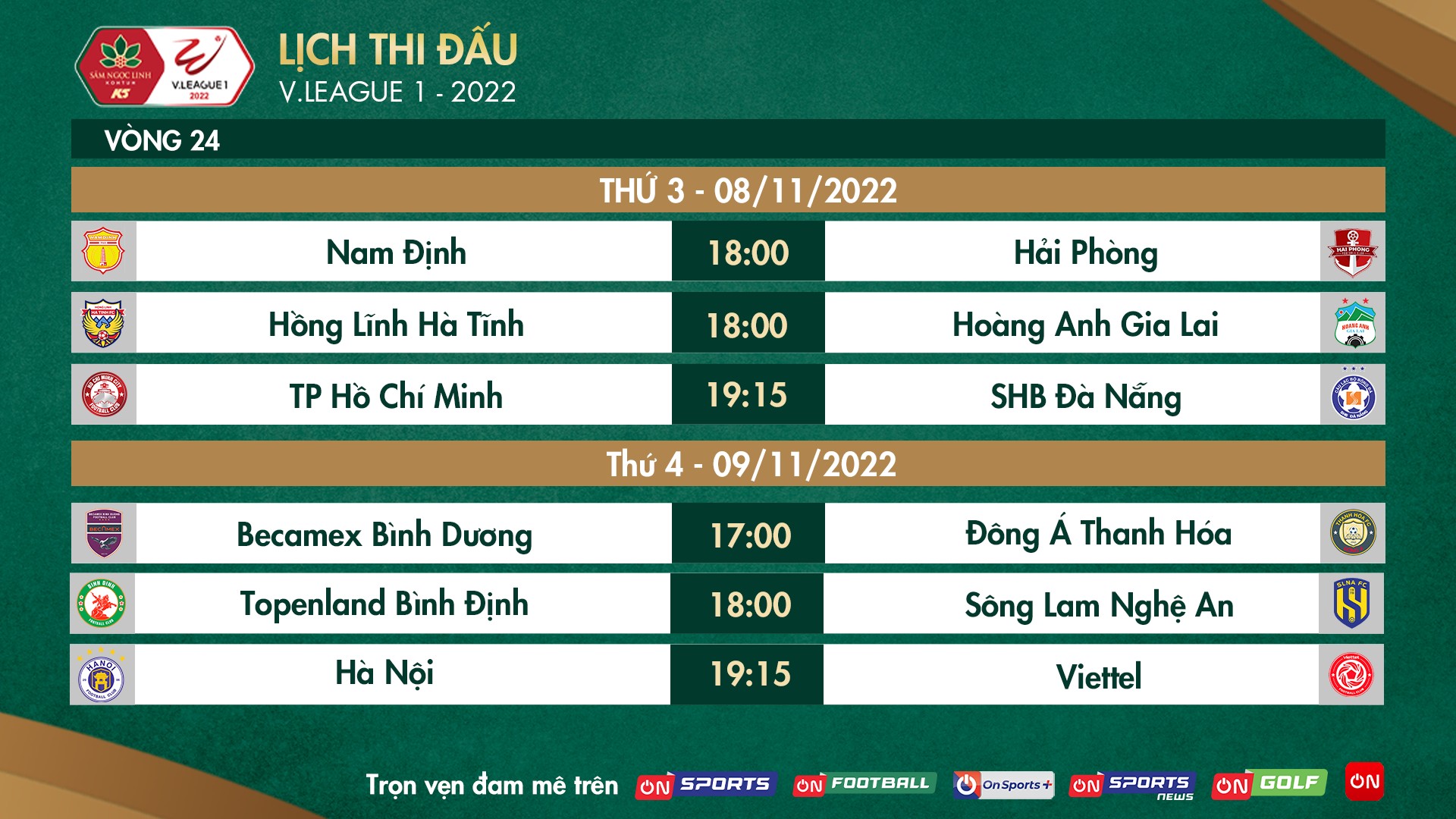 Lịch phát sóng trực tiếp vòng 24 V.League 2022: &quot;Đại chiến&quot; trên sân Thiên Trường - Ảnh 1.