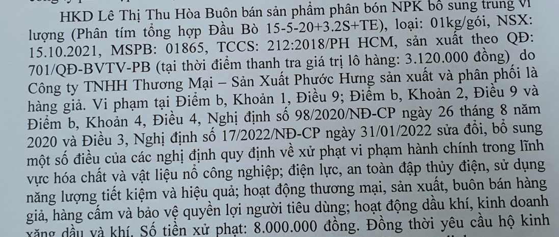 Khánh Hòa: Xử phạt 8 triệu đồng đơn vị bán phân bón đầu bò giả - Ảnh 1.