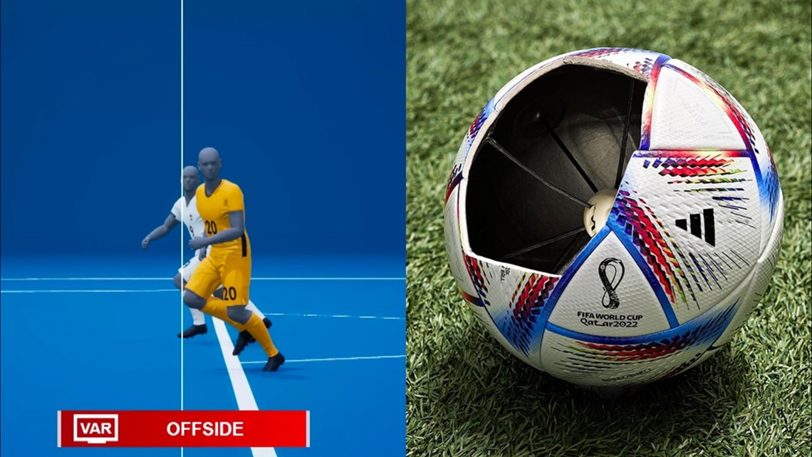 Lần đầu tiên, các cảm biến tích hợp trong quả bóng và công nghệ bán tự động để đưa ra các quyết định lỗi việt vị chính xác được sử dụng tại Giải vô địch bóng đá thế giới ở Qatar.  Ảnh: @AFP.