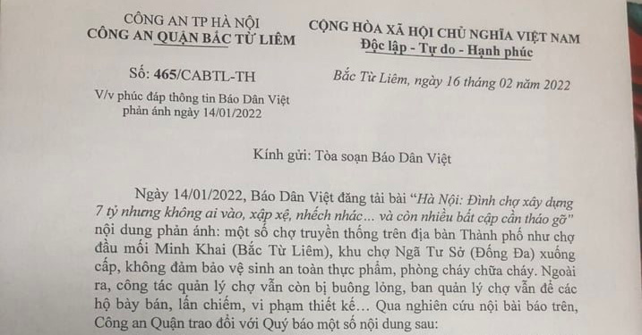 Công an Quận Bắc Từ Liêm phản hồi thông tin Dân Việt đăng tải về một số bất cập ở chợ đầu mối Minh Khai