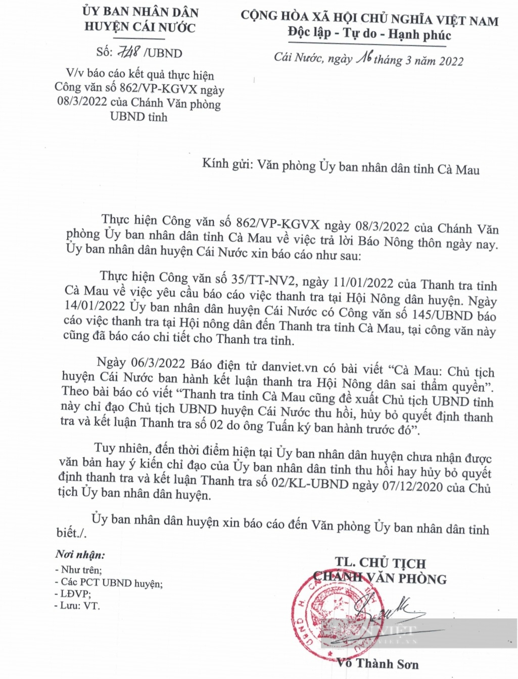 Vụ Chủ tịch Cái Nước thanh tra sai thẩm quyền: Huyện “né” trả lời câu hỏi của báo Dân Việt ? - Ảnh 3.