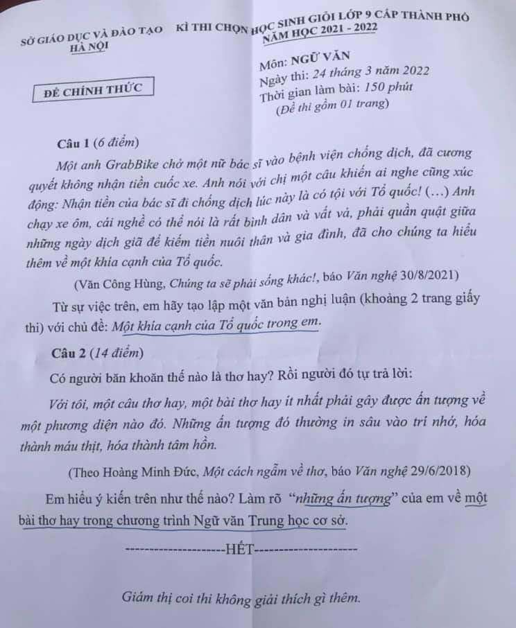 Đề thi học sinh giỏi Văn lớp 9 ở Hà Nội gây... bất ngờ