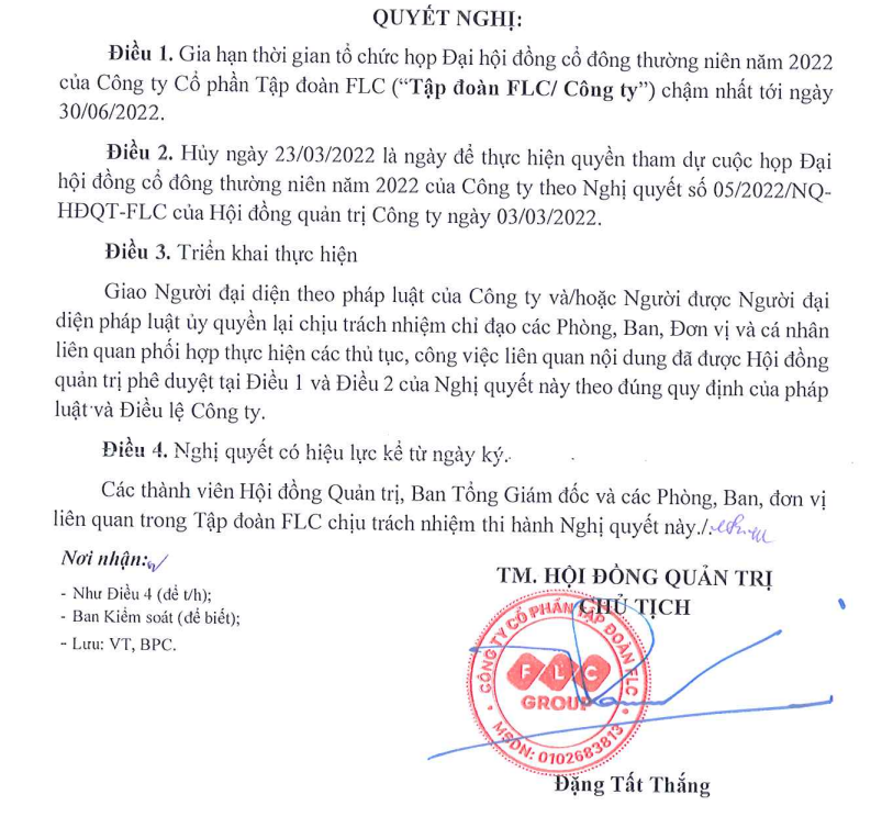 Tân Chủ tịch FLC ký quyết định &quot;hủy'' một nội dung trong Nghị quyết do ông Trịnh Văn Quyết từng ký - Ảnh 1.