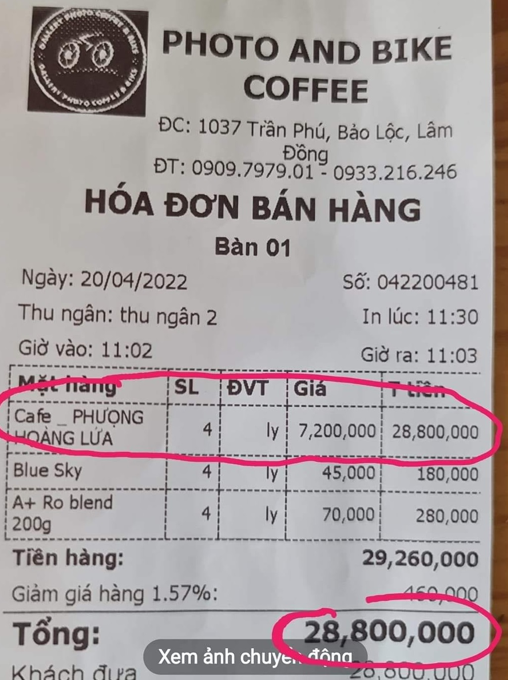  Lại xôn xao ly cà phê Phượng Hoàng lửa 7,2 triệu đồng: Chủ quán tự in hóa đơn để câu like  - Ảnh 1.