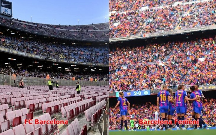 Fans enter the Nou Camp to see that Barca’s men’s team is only half of the women’s team