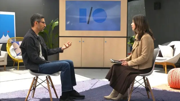 Sundar Pichai, CEO of Alphabet and Google is interviewed by Deirdre Bosa of CNBC.  Source: @CNBC.