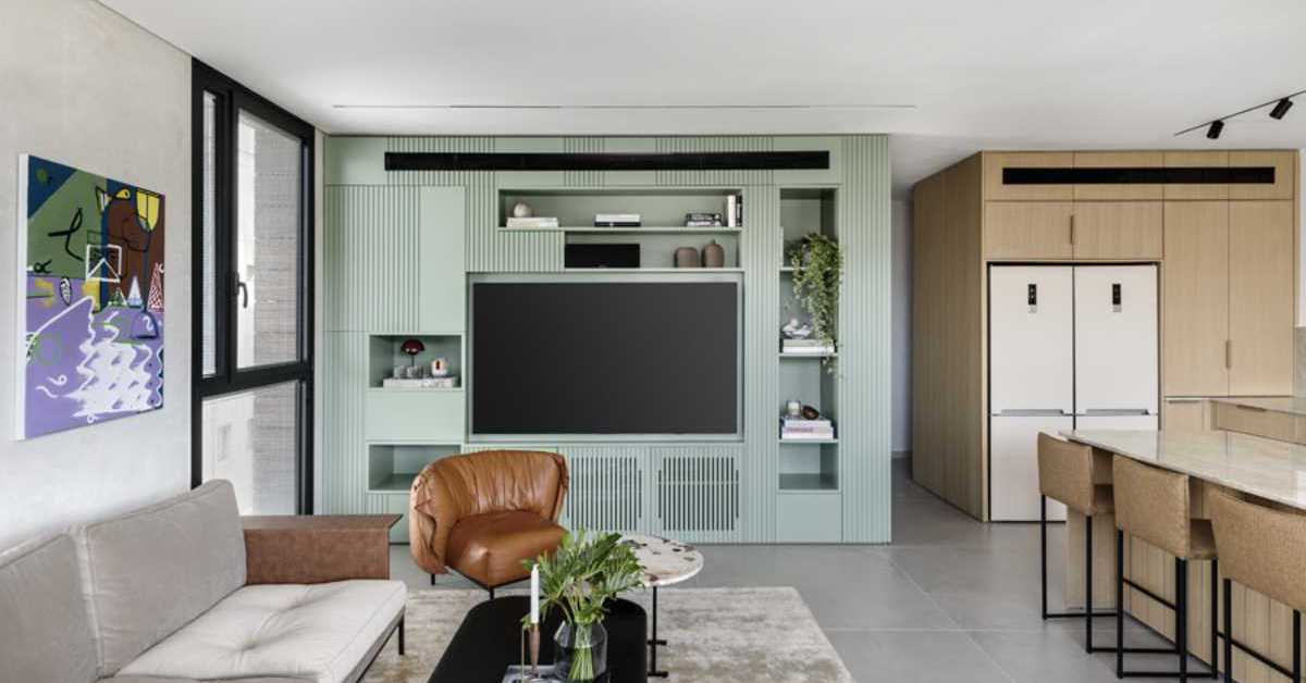 Live TV wall hanging, highlighting the living room space