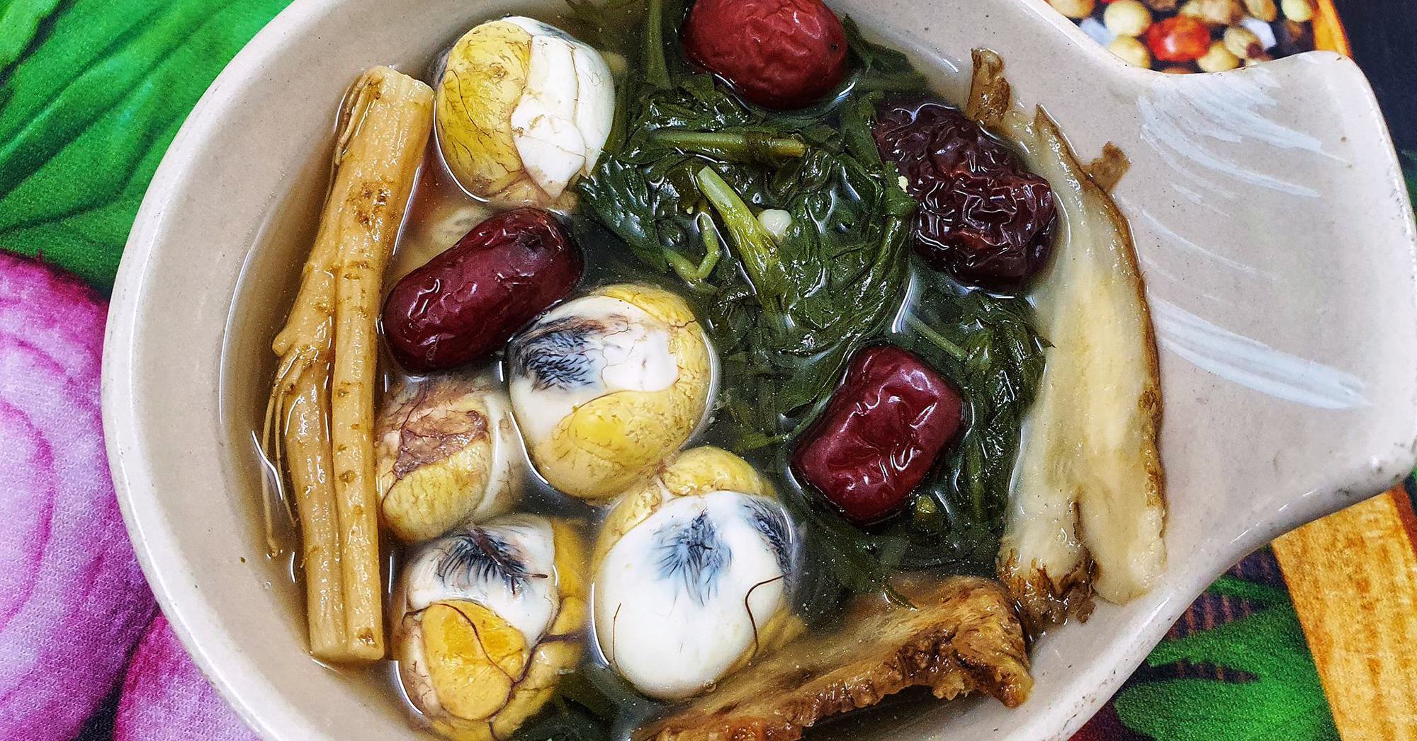 Quail eggs cooked in this way make the dish a tonic