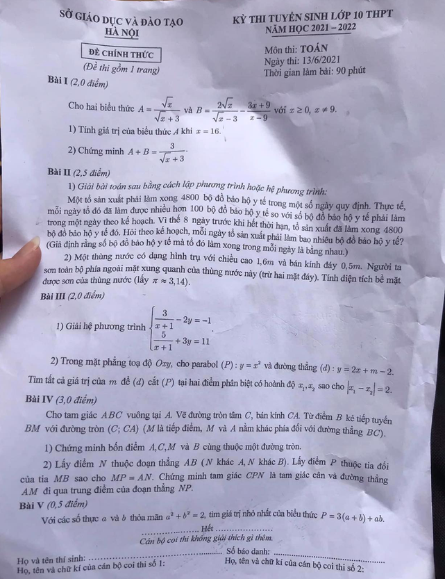 Đề thi môn Toán vào lớp 10 Hà Nội năm 2021 - Ảnh 1.