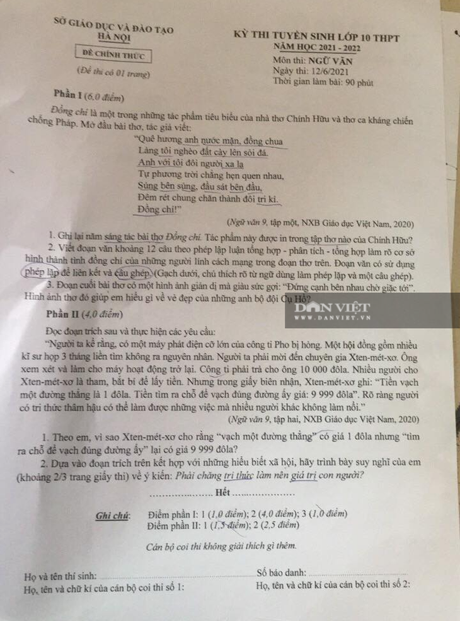 Đề thi vào lớp 10 môn Văn Hà Nội năm 2021 - Ảnh 1.