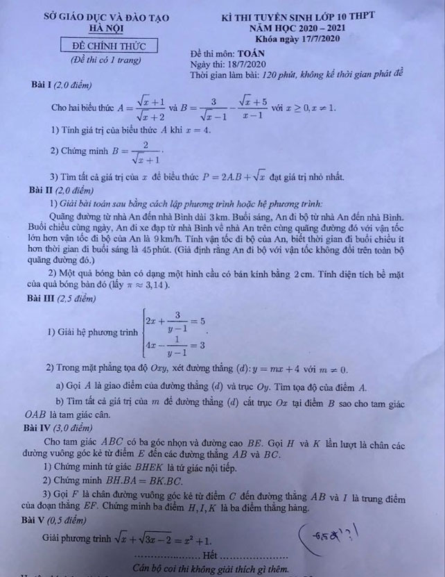 Đề thi môn Toán vào lớp 10 Hà Nội năm 2020 - Ảnh 1.