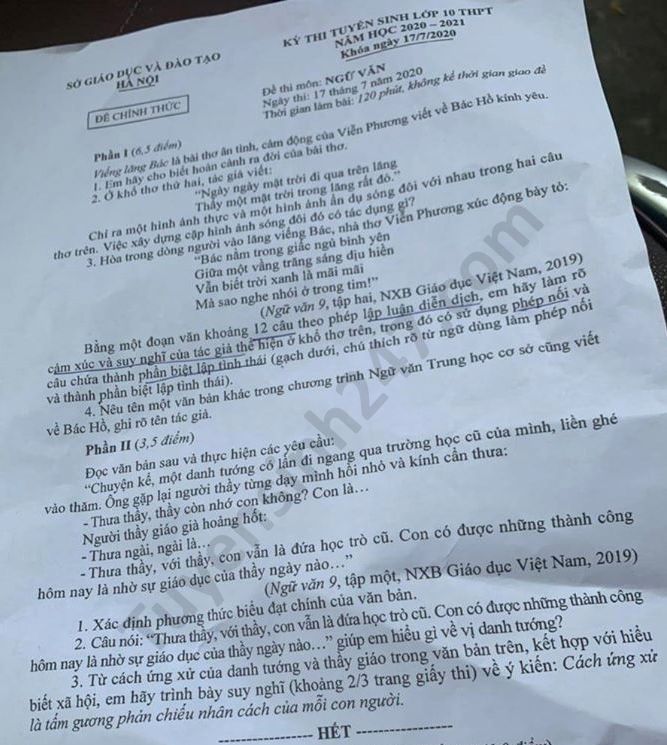 Đề thi vào lớp 10 môn Văn Hà Nội năm 2020 - Ảnh 1.