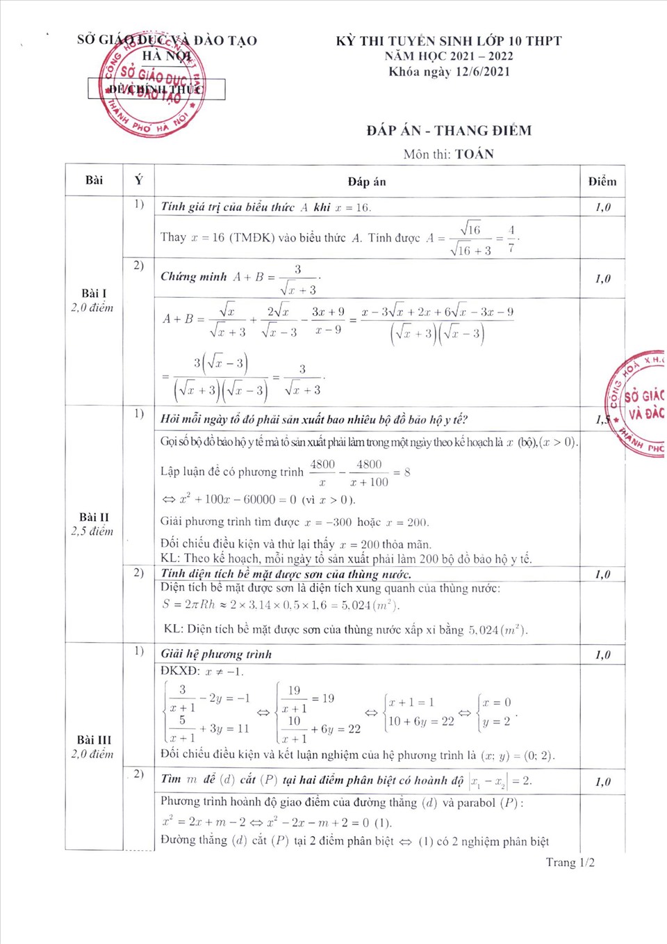 Đáp án đề thi tuyển sinh lớp 10 môn Toán Hà Nội năm 2021 - Ảnh 1.