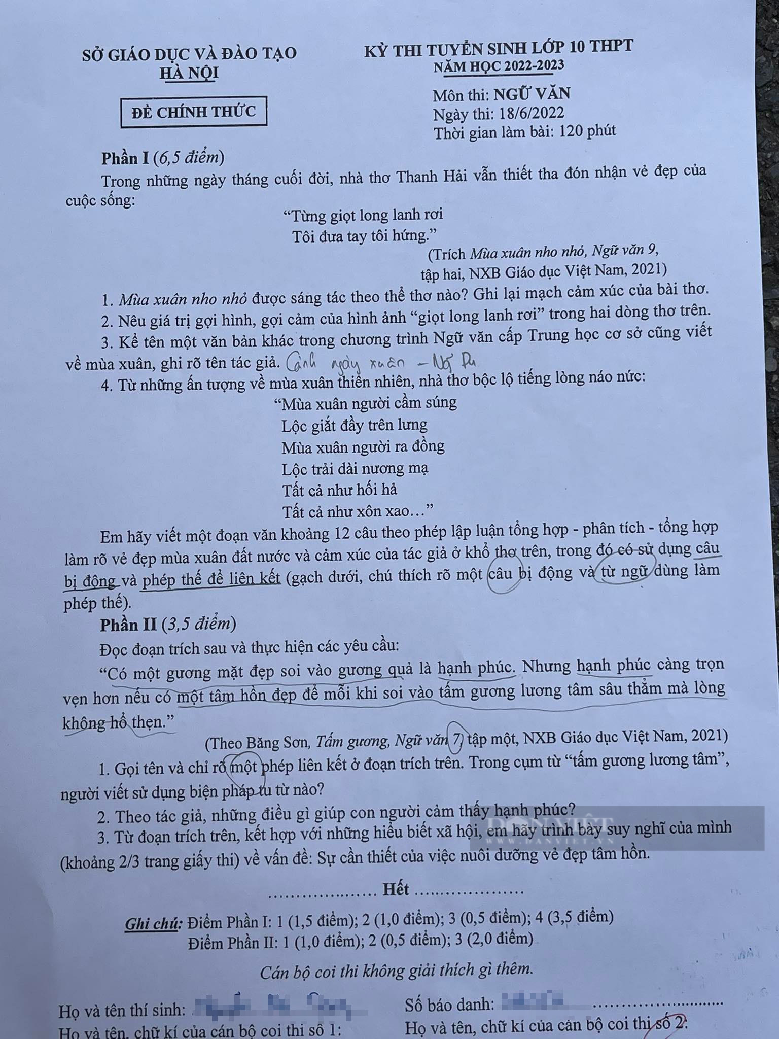 Gợi ý đáp án đề thi môn Văn lớp 10 Hà Nội năm 2022 - Ảnh 1.