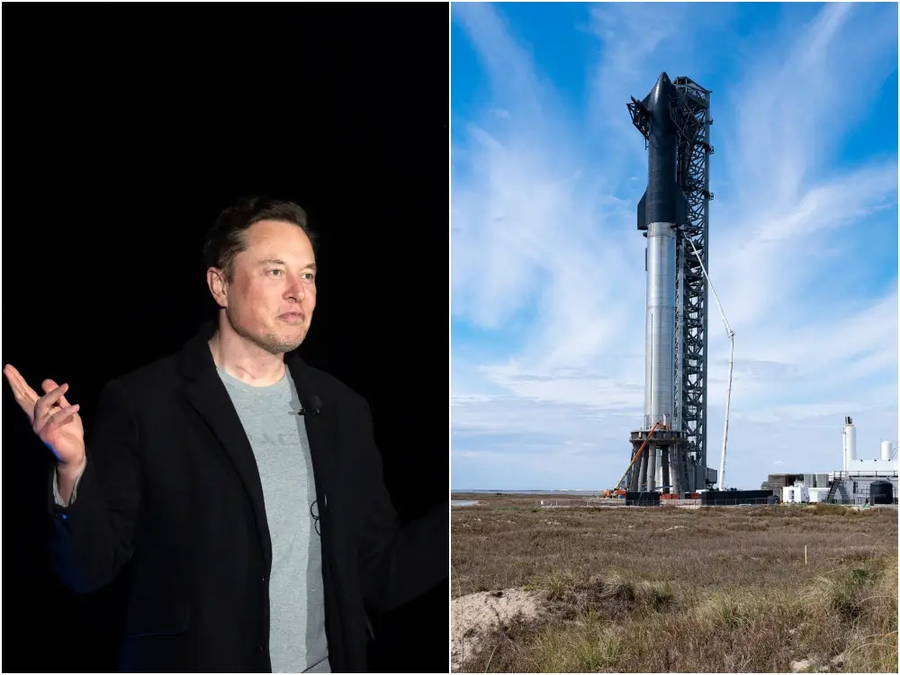 Giám đốc điều hành SpaceX Elon Musk bên cạnh tàu Starship quỹ đạo đầu tiên SN20 của SpaceX tại cơ sở Starbase của công ty gần Làng Boca Chica ở Nam Texas. Ảnh: @JIM WATSON / AFP/ Getty Images.