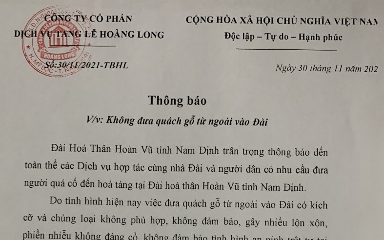 Vụ Công ty tang lễ Hoàng Long độc quyền hỏa táng: Tỉnh Nam Định đang chỉ đạo ngành chức năng làm rõ