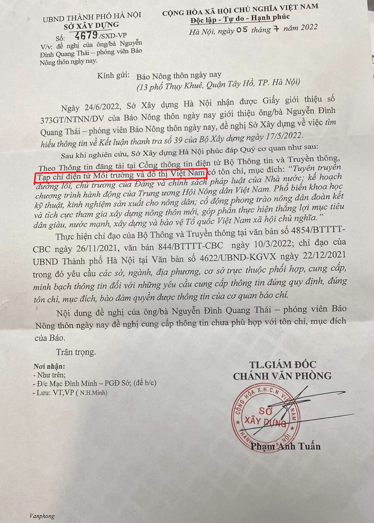 Sở Xây dựng Hà Nội viết sai tên Báo Nông thôn ngày nay trong văn bản