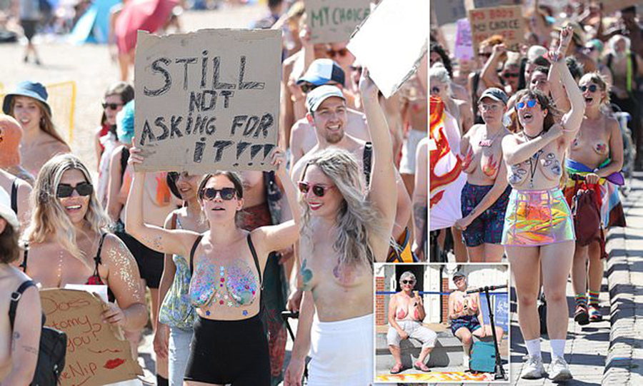 Cuộc diễu hành kỳ lạ “đòi quyền để ngực trần” trên bãi biển nước Anh - Ảnh 2.