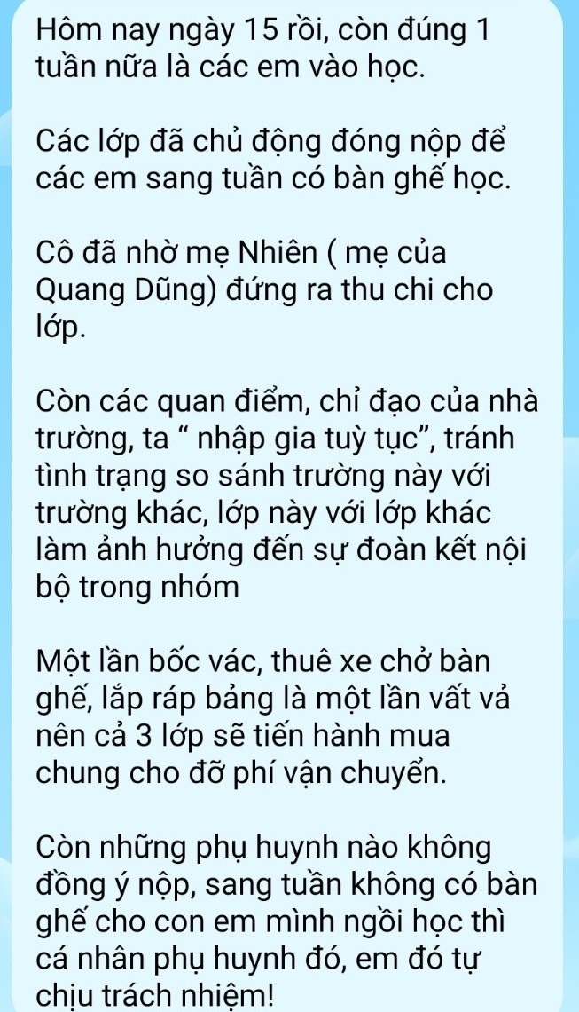 Học sinh lớp 1 đóng tiền bàn ghế: Cô giáo nhận lỗi phát ngôn &quot;nhập gia tùy tục&quot;, hiệu trưởng nói làm đúng quy trình - Ảnh 2.