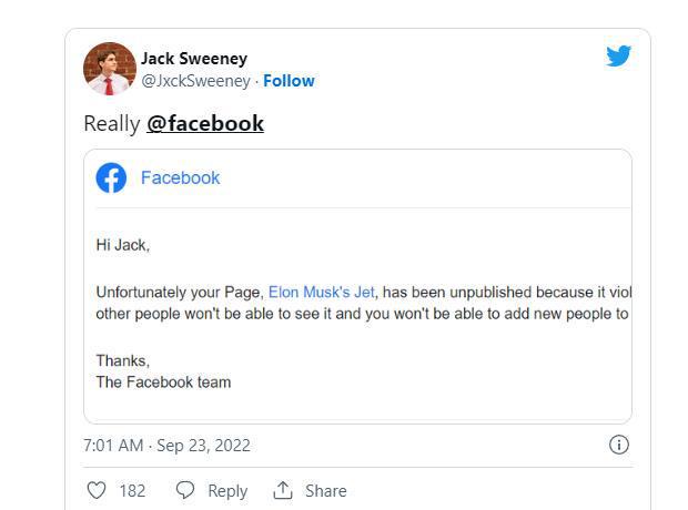 Jack Sweeney cho biết, Facebook đã đóng cửa trang theo dõi máy bay phản lực của Elon Musk, thông báo rằng vì trang đã vi phạm chính sách của họ. Ảnh: @AFP.