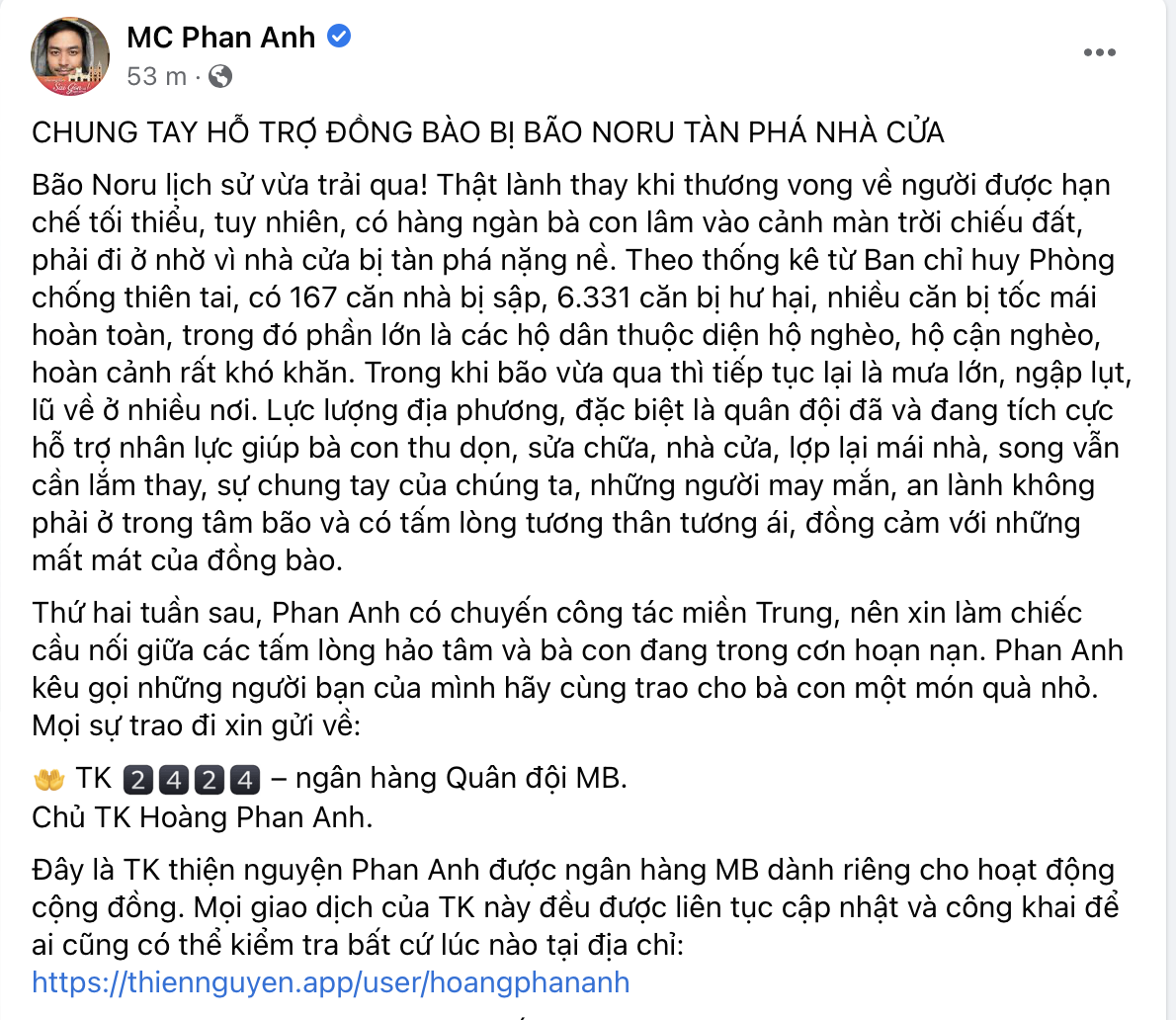 MC Phan Anh kêu gọi cộng đồng ủng hộ đồng bào miền Trung sau bão Noru, khẳng định công khai minh bạch - Ảnh 2.