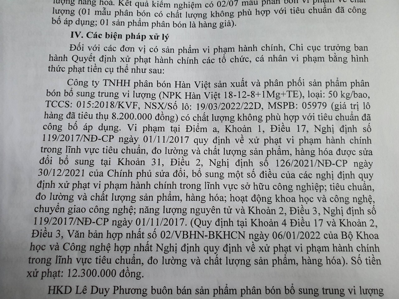 Công ty TNHH phân bón Hàn Việt bị xử phạt trên 12 triệu đồng - Ảnh 1.
