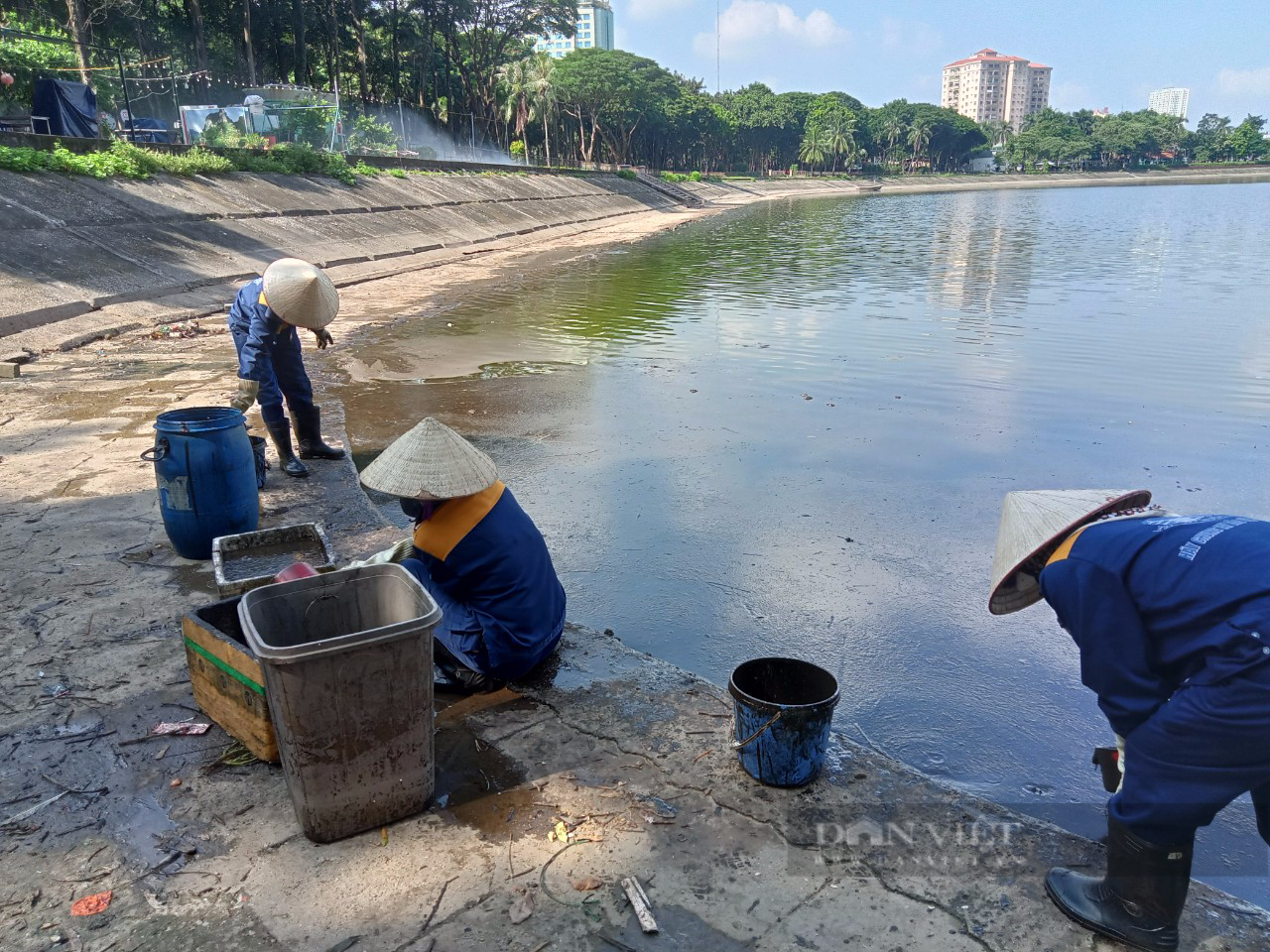 Công nhân xuyên trưa vớt dầu thải nổi đầy góc hồ Linh Đàm - Ảnh 2.