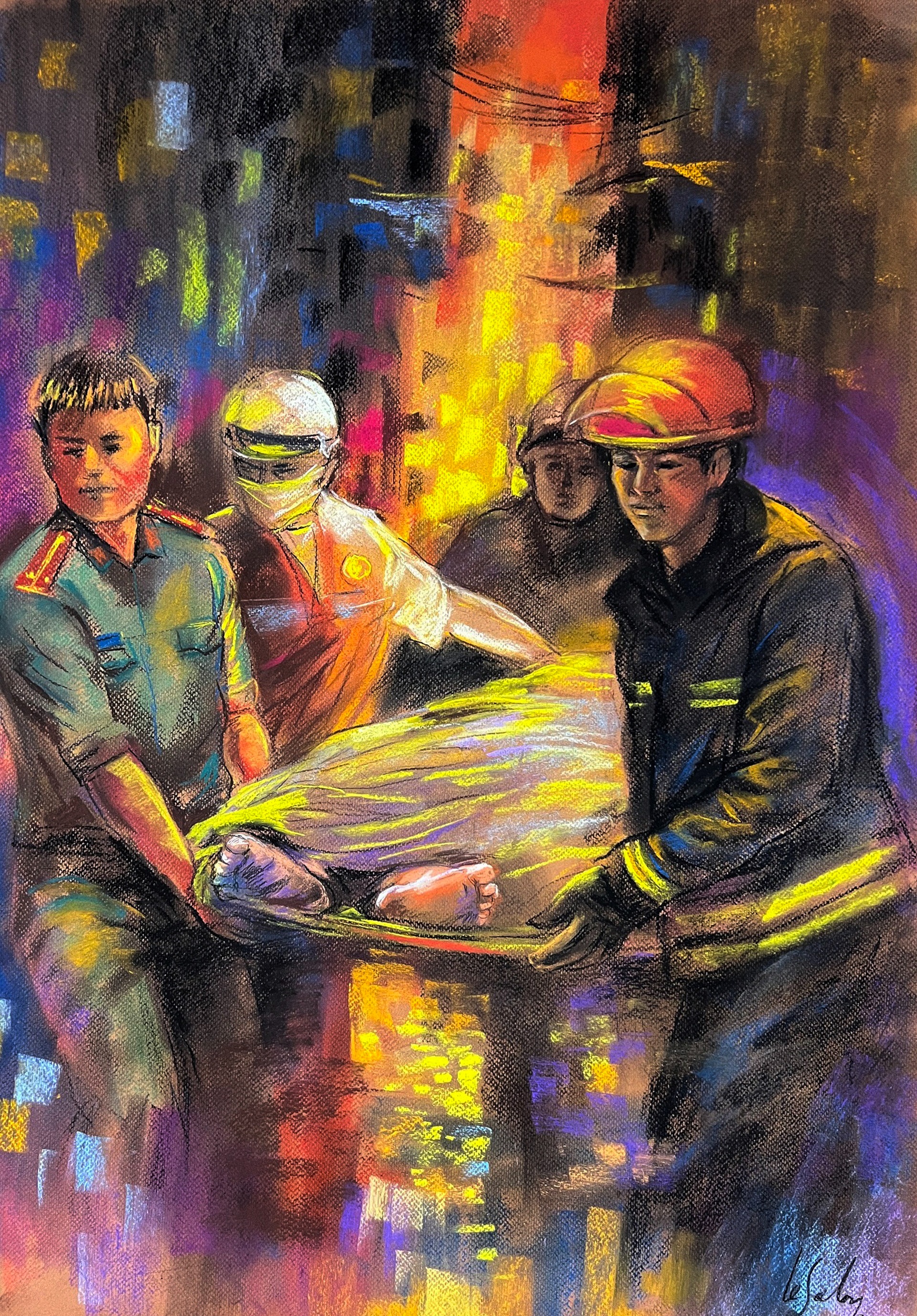 Bộ tranh khắc họa đêm chạy đua khói lửa cứu người trong vụ cháy chung cư mini ở Hà Nội - Ảnh 3.