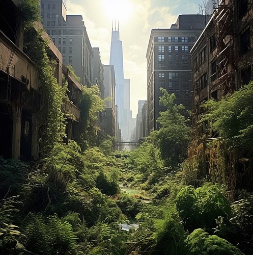 AI vẽ các thành phố của Mỹ bị bỏ hoang, cây cỏ mọc um tùm trong vòng 100 năm nữa - Ảnh 1.