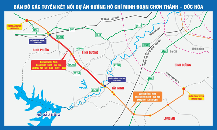 Bản đồ các tuyến kết nối dự án đường Hồ Chí Minh đoạn Chơn Thành - Đức Hòa. Ảnh: T.L