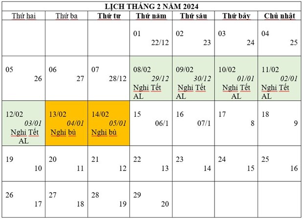 lịch nghỉ tết năm 2024 