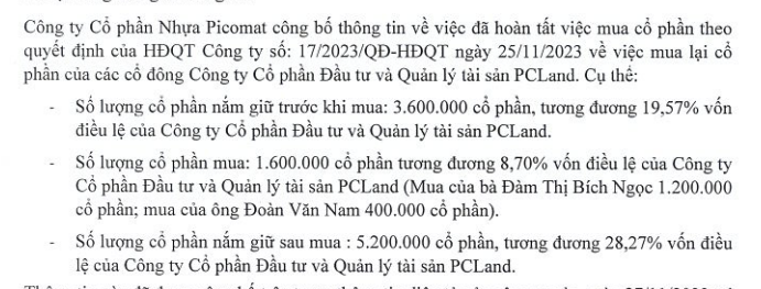 Nhựa Picomat (PCH) hoàn tất mua lại 1,6 triệu cổ phần, từng bước 'thâu tóm' PCLand - Ảnh 1.