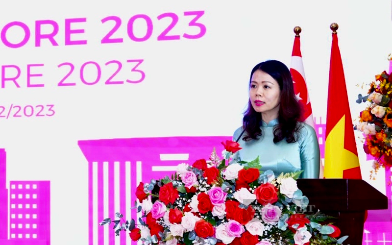 Bà Nguyễn Minh Hằng - Thứ trưởng Bộ Ngoại giao phát biểu tại Chương trình Gặp gỡ Singapore 2023 do Bộ Ngoại giao và UBND tỉnh Bình Dương phối hợp tổ chức. Ảnh: Nguyên Vỹ
