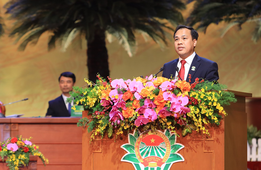 Ông Lê Hồng Phúc, Phó Tổng Giám đốc Agribank tham luận tại Đại hội đại biểu Hội Nông dân Việt Nam lần thứ VIII.