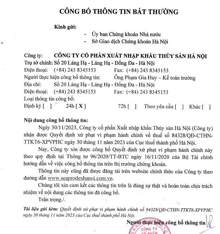 Xuất nhập khẩu Thủy sản Hà Nội bị xử phạt với một loạt vi phạm - Ảnh 1.